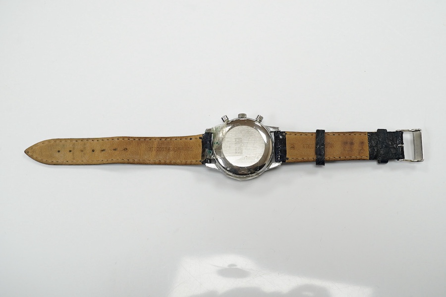 A gentleman's stainless steel calendar moonphase chronograph manual wind wrist watch, case diameter 36mm, on a later associated strap. Condition - poor to fair